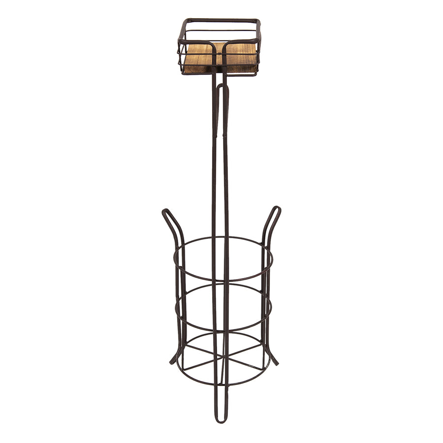 70 cm tall Nordic style freestanding toilet paper holder in dark metal with a circular wire basket at the base.