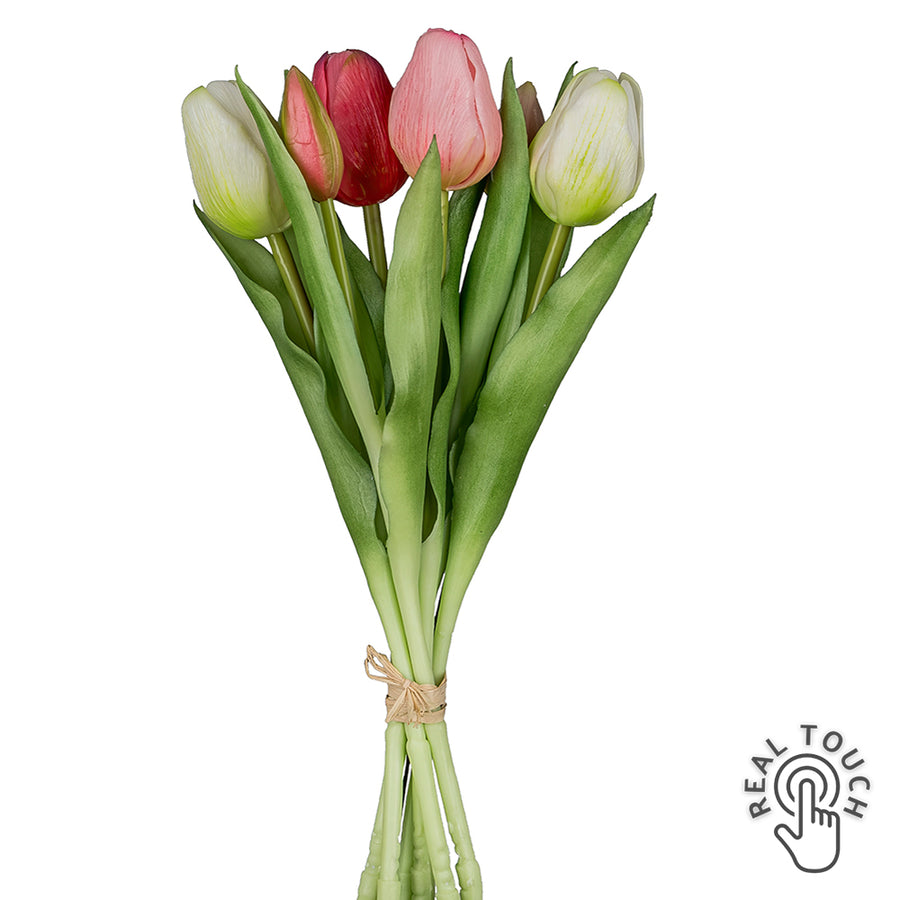 Pink-mix, 6 szálas real touch mű tulipáncsokor 32 cm, teljes nézet