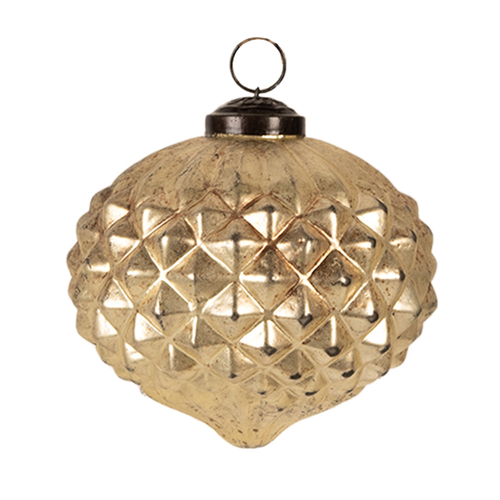 Elegáns megjelenésű, antik aranyszínű, toboz formájú üveg karácsonyfadísz.