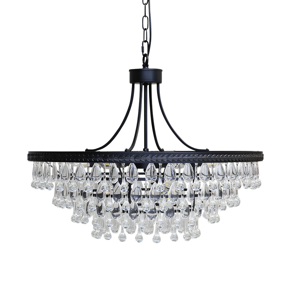 Versailles üvegcsillár 70 cm, fekete vázzal és kristály cseppekkel, kikapcsolt állapotban