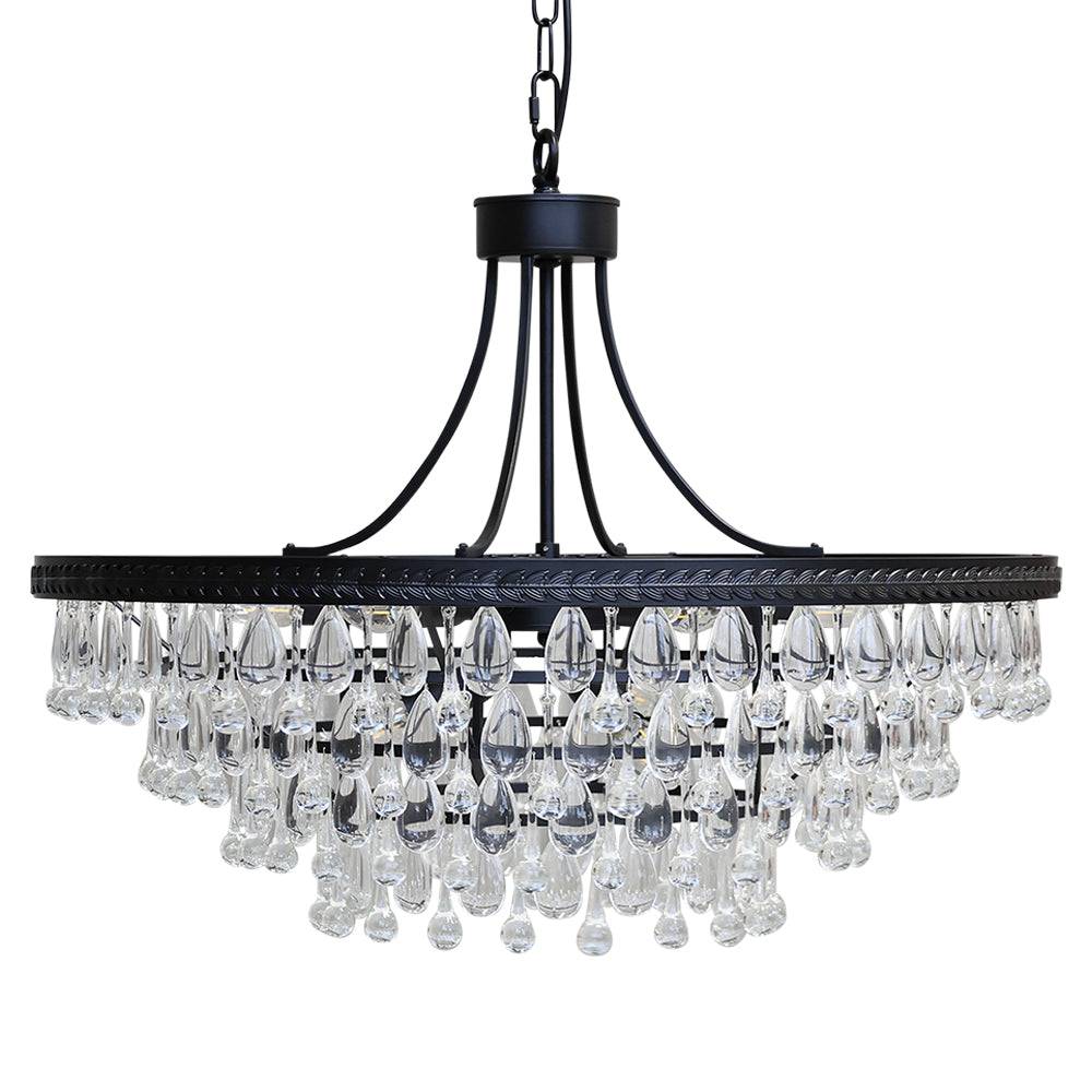 Versailles üvegcsillár fekete vázzal és kristály cseppekkel, kikapcsolt állapotban