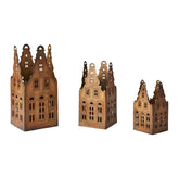 Rézszínű fémből készült, 3 darabos, házikó formájú lámpásszett.