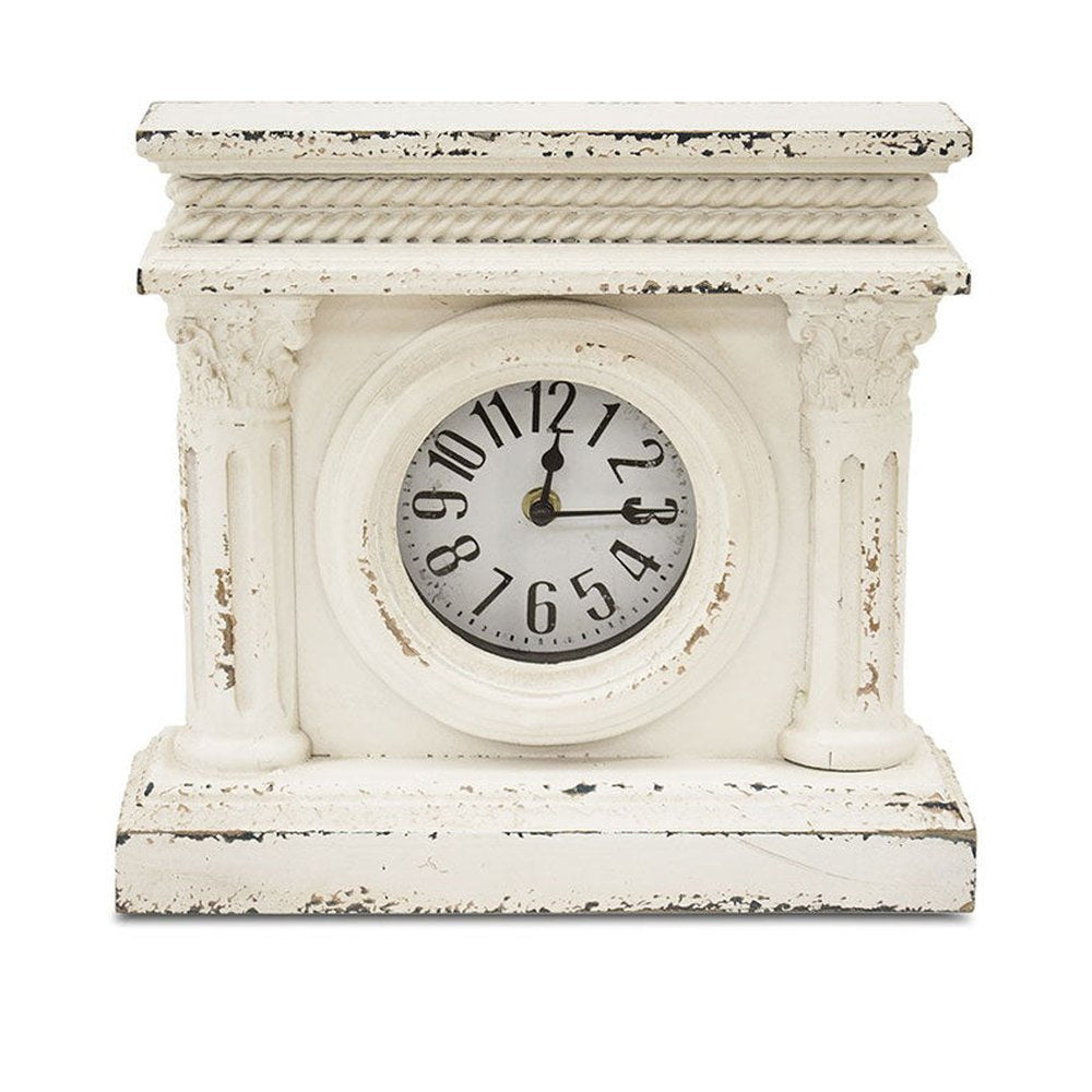 Fából készült, antikolt felületű, krém színű asztali óra.