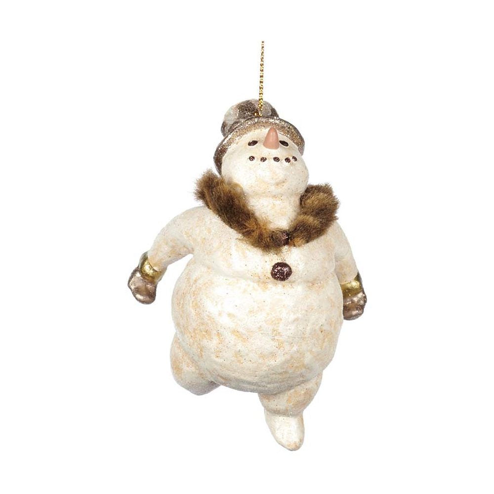 Ezüstszínű kesztyűt és cilindert viselő, krémszínű hóember formájú karácsonyfadísz.