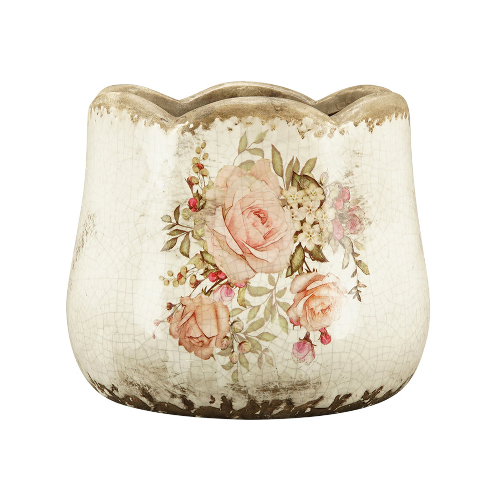 Rózsamintás kerámia kaspó – 13 cm átmérőjű, 11 cm magas, antikolt mázas kaspó romantikus vidéki vintage stílusban, hullámos peremmel