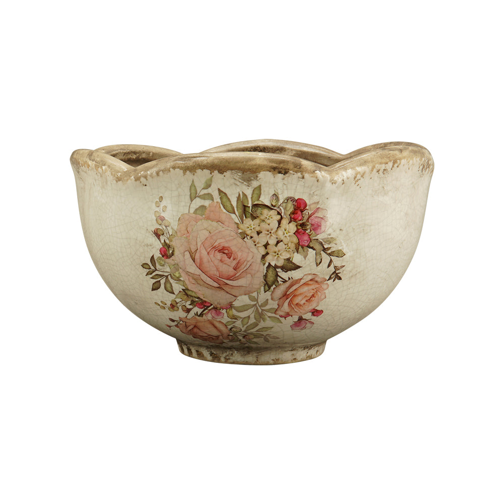 Rózsamintás kerámia kaspó – 16 cm átmérőjű, 9 cm magas, hullámos szélű, antikolt mázas kaspó romantikus vintage stílusban