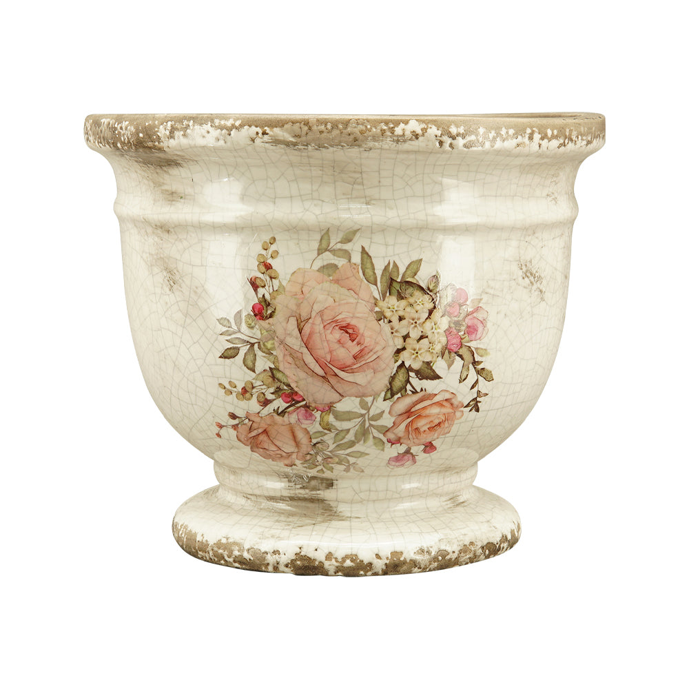 Rózsamintás kerámia kaspó – 17 cm átmérőjű, 14 cm magas, talpas kialakítású, antikolt mázas kaspó a romantikus Vintage Garden kollekcióból