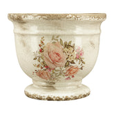 Rózsamintás kerámia kaspó – 20 cm átmérőjű, 16 cm magas, talpas kialakítás, antikolt máz és romantikus virágmintás dekoráció