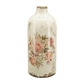 Rózsamintával díszített, antikolt mázas, henger formájú kerámia váza.