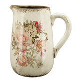 Romantikus stílusú váza oldalnézetből – kancsó formájú, repesztett mázas felület rózsamintával, vintage hatás