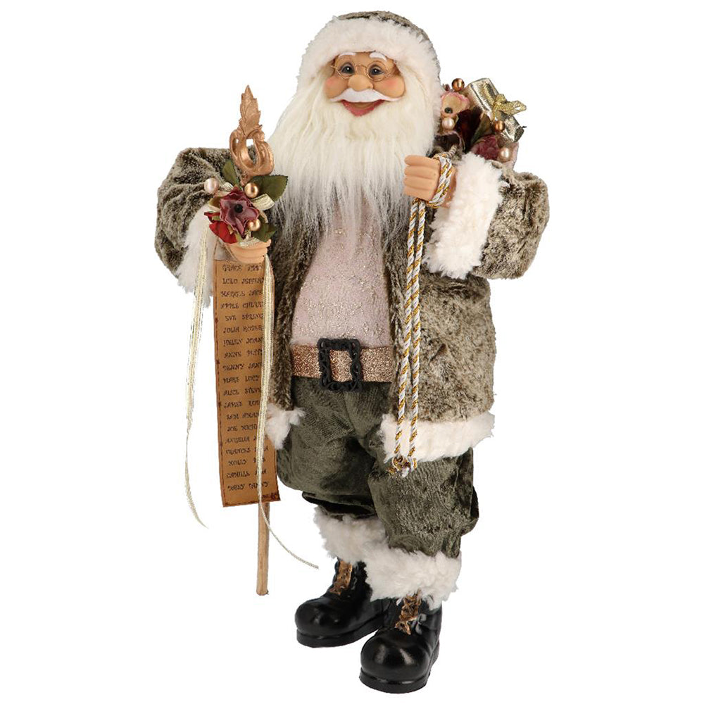 Szürkészöld és krém színárnyalatú öltözetet viselő, dekoratív Télapó figura.