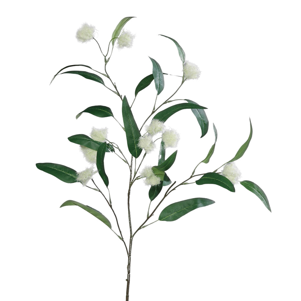 Pompon szerű termésekkel díszített, zöld színű eukaliptusz ág műnövény.