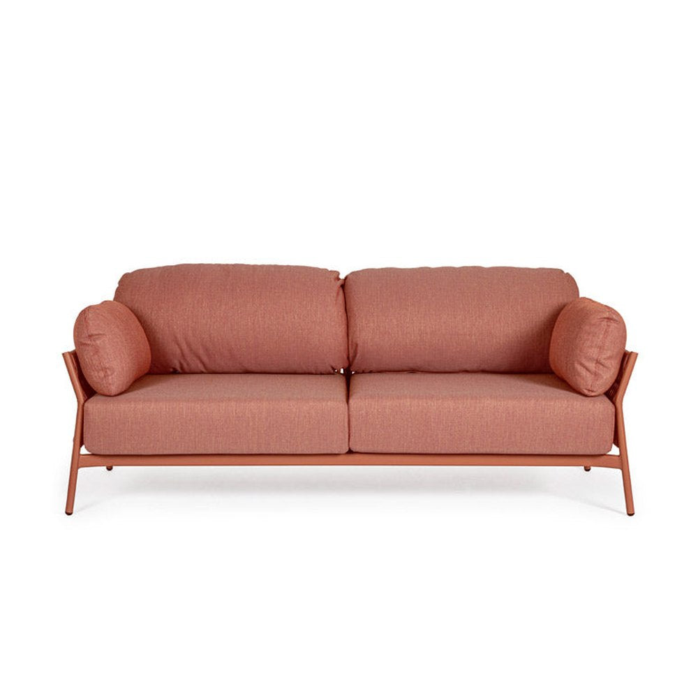 Kétszemélyes, kortárs stílusú, korallszínű kültéri, kerti kanapé.