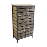 Ipari stílusú, antikolt fekete színű fémből és jegenyefából készült, 16 fiókos komód.