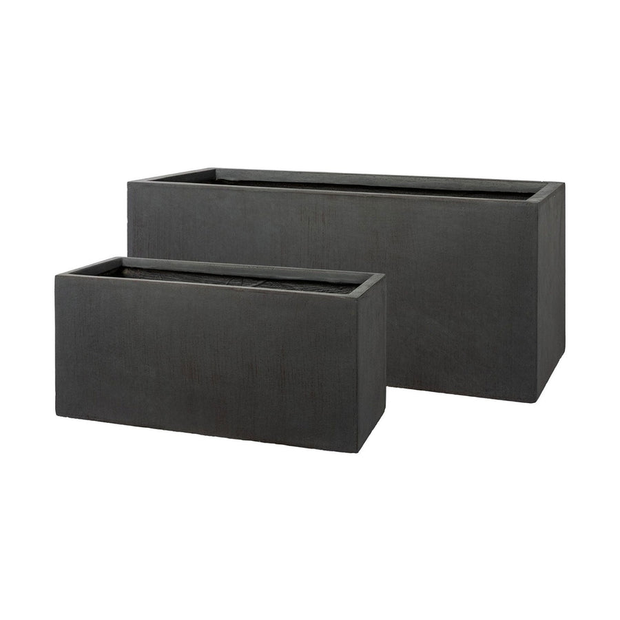 Two dark anthracite Adna fibreclay planters shown from a different angle with varied sizes