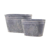 Vidéki stílusú, antikolt felületű, fenyőfa formájú dombormintákkal díszített, kétdarabos, ovális formájú, karácsonyi bádog kaspó szett.