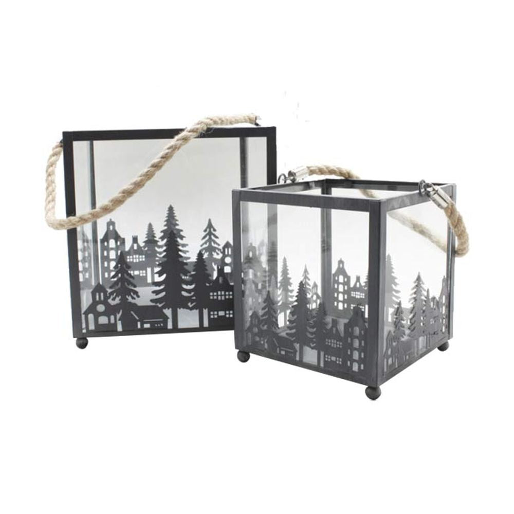 Vidéki rusztikus stílusú, antikolt szürke színű 2 darabos karácsonyi sziluettes fém lámpásszett