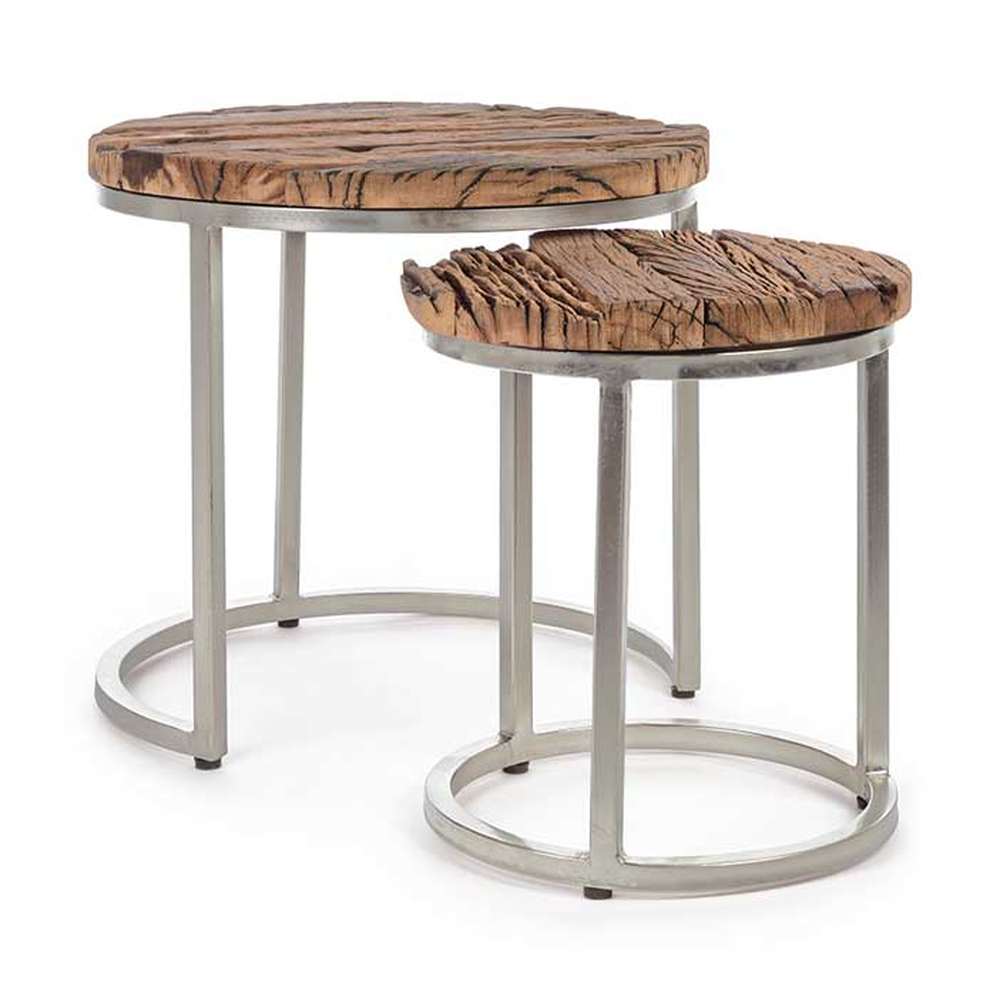 Loft stílusú, újrahasznosított fából és acélból készült, kétrészes, kör alakú dohányzóasztal szett.