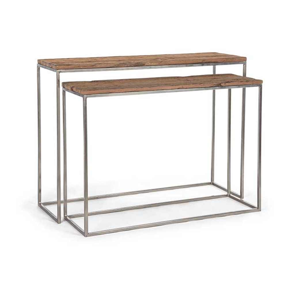 Loft stílusú, újrahasznosított fából és acélból készült, kétrészes konzolasztal szett.