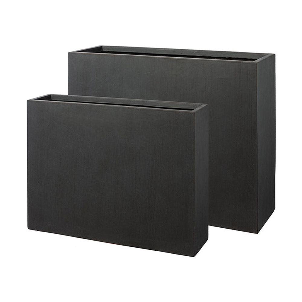 Fagyálló műgyantából készült, modern kortárs stílusú, beton hatású, antracitfekete színű kültéri ültetőláda szett.