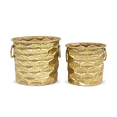 Modern stílusú, antik arany színű, 24,5 és 30 cm átmérőjű, dombormintás felületű, fém kaspó szett.