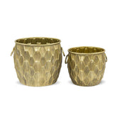 Modern stílusú, antik arany színű, nagyméretű, 29 és 36 cm átmérőjű, dombormintás felületű, fém kaspó szett .