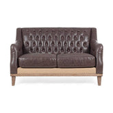 Loft stílusú, sötétbarna bőrrel kárpitozott kőrisfa kanapé.