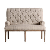 Klasszikus, koloniál stílusú, mangófából készült, ekrü színű, vászon hatású poliészter kárpittal kárpitozott 2 személyes szófa.