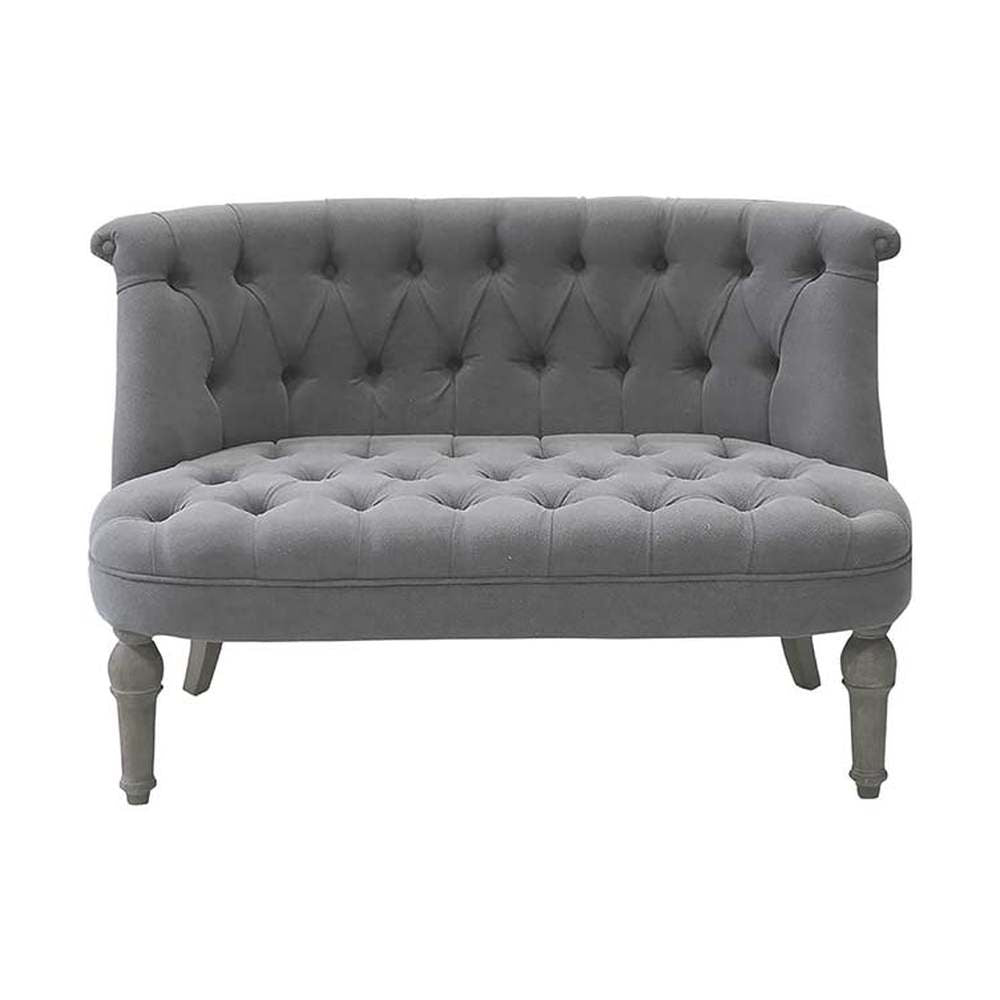 Francia stílusú, vintage kanapé tölgyfa lábakkal, szürke színű pamutvászon kárpittal.