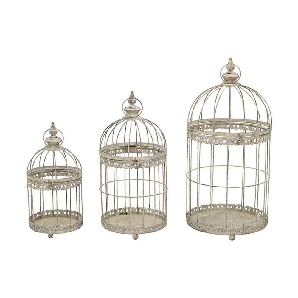 Nagyméretű, 34, 49 és 56 cm magas, antik szürke színű patinás fémből készült vintage kalitkaszett