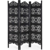 Antik fekete színű, kézműves faragású, mangófából készült, 3 szárnyas térelválasztó paraván.