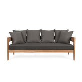 Prémium kategóriás, kortárs keleti stílusú,190 cm hosszú és 90 cm széles 3 személyes teakfa kanapé sötétszürke UV álló párnákkal