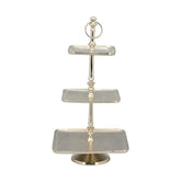 Szögletes formájú, ezüst színű, 3 emeletes fém kínáló állvány