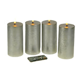 4 darabos, élethű megjelenésű, ezüstszínű, valódi viaszból kialakított, időzítővel rendelkező, távirányítós, dimmelhető, 15 cm magas LED oszlopgyertya.