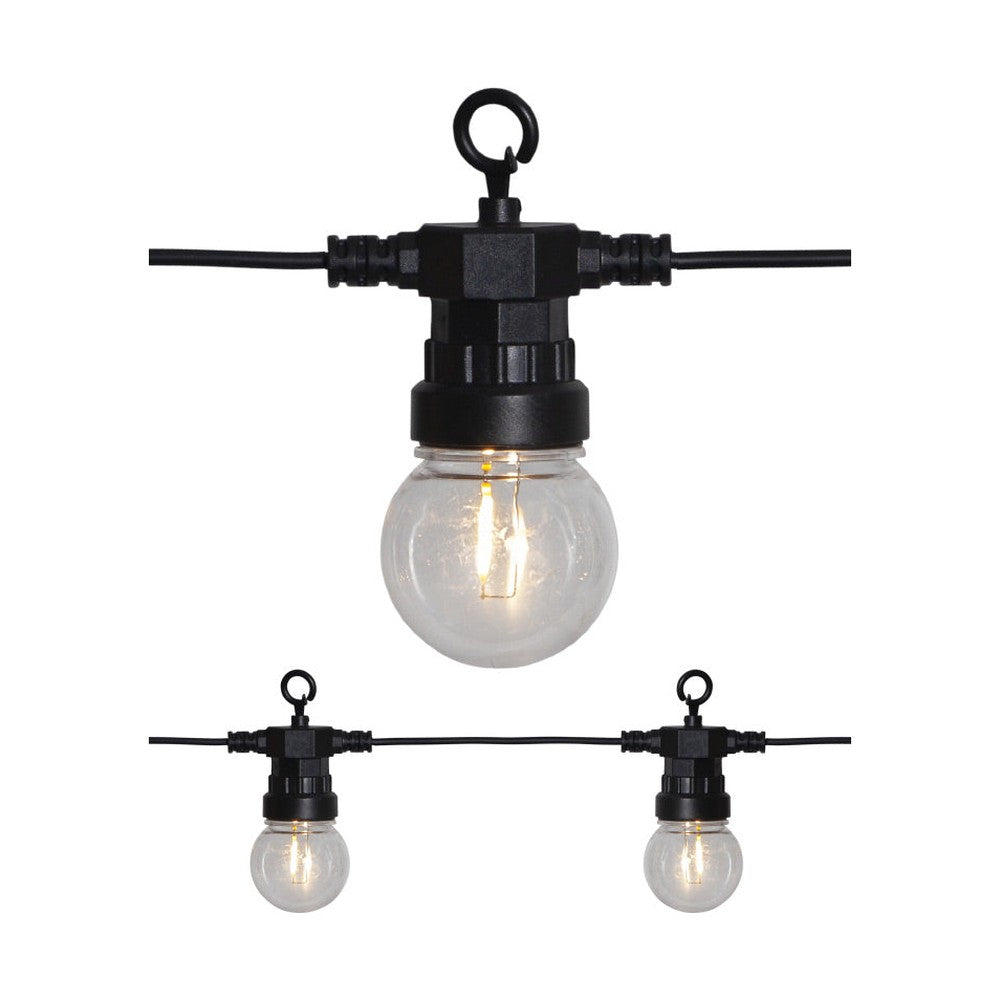 20 izzóból álló LED dekoráció izzósor. Fekete kábellel és áttetsző izzókkal.