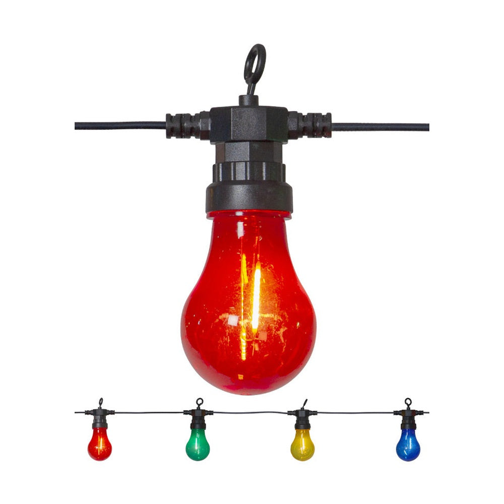 10 izzóval rendelkező színes kültéri dekorációs izzósor. Az izzók piros, zöld, citromsárga és kék színűek.