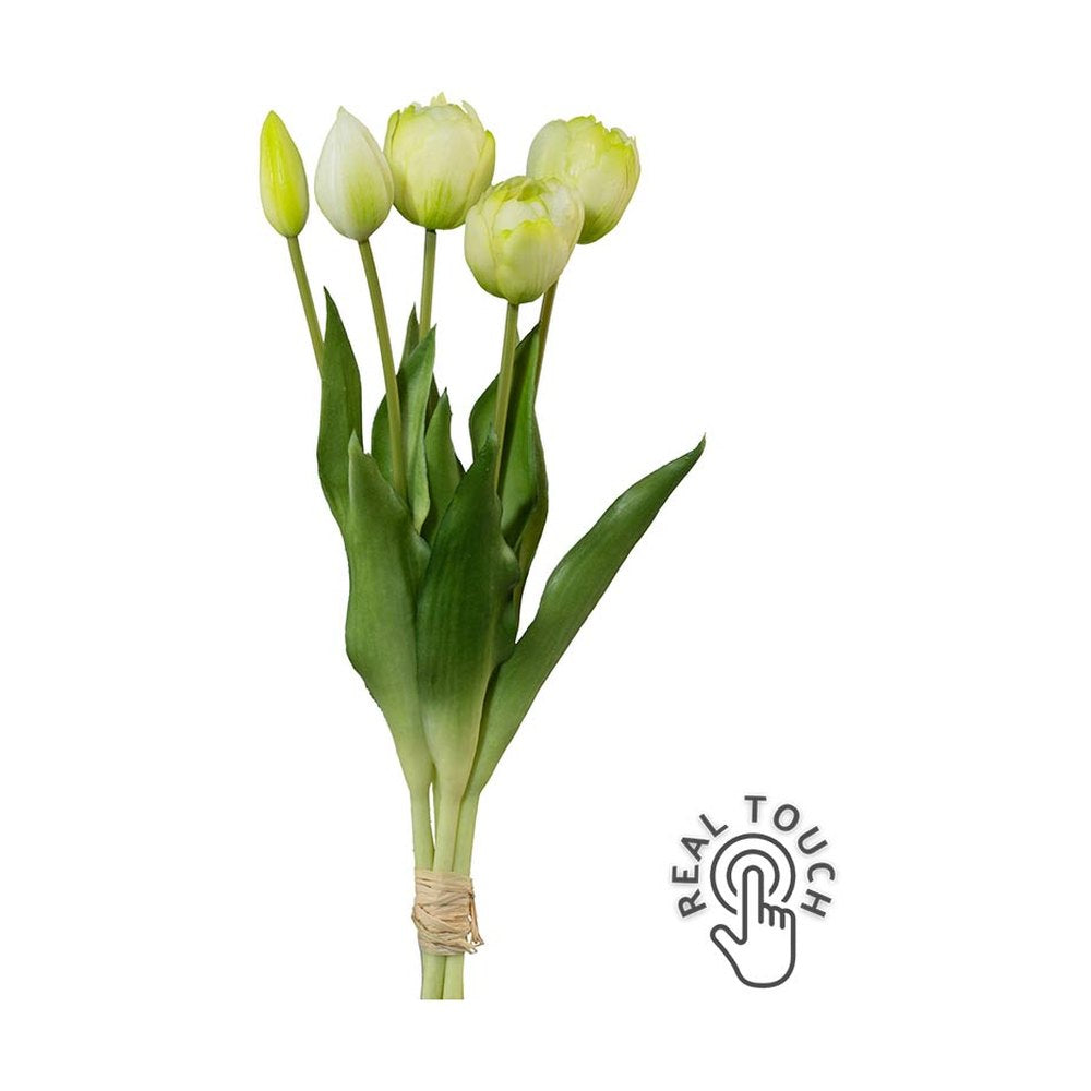 5 szálból álló, fehér színű tulipáncsokor művirág, nyílt és bimbós virágfejekkel.