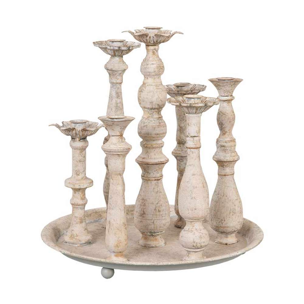 Shabby Chic stílusú 7 ágú, fémtálcás, antikolt felületű, krém színű gyertyatartó
