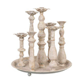 Shabby Chic stílusú 7 ágú, fémtálcás, antikolt felületű, krém színű gyertyatartó