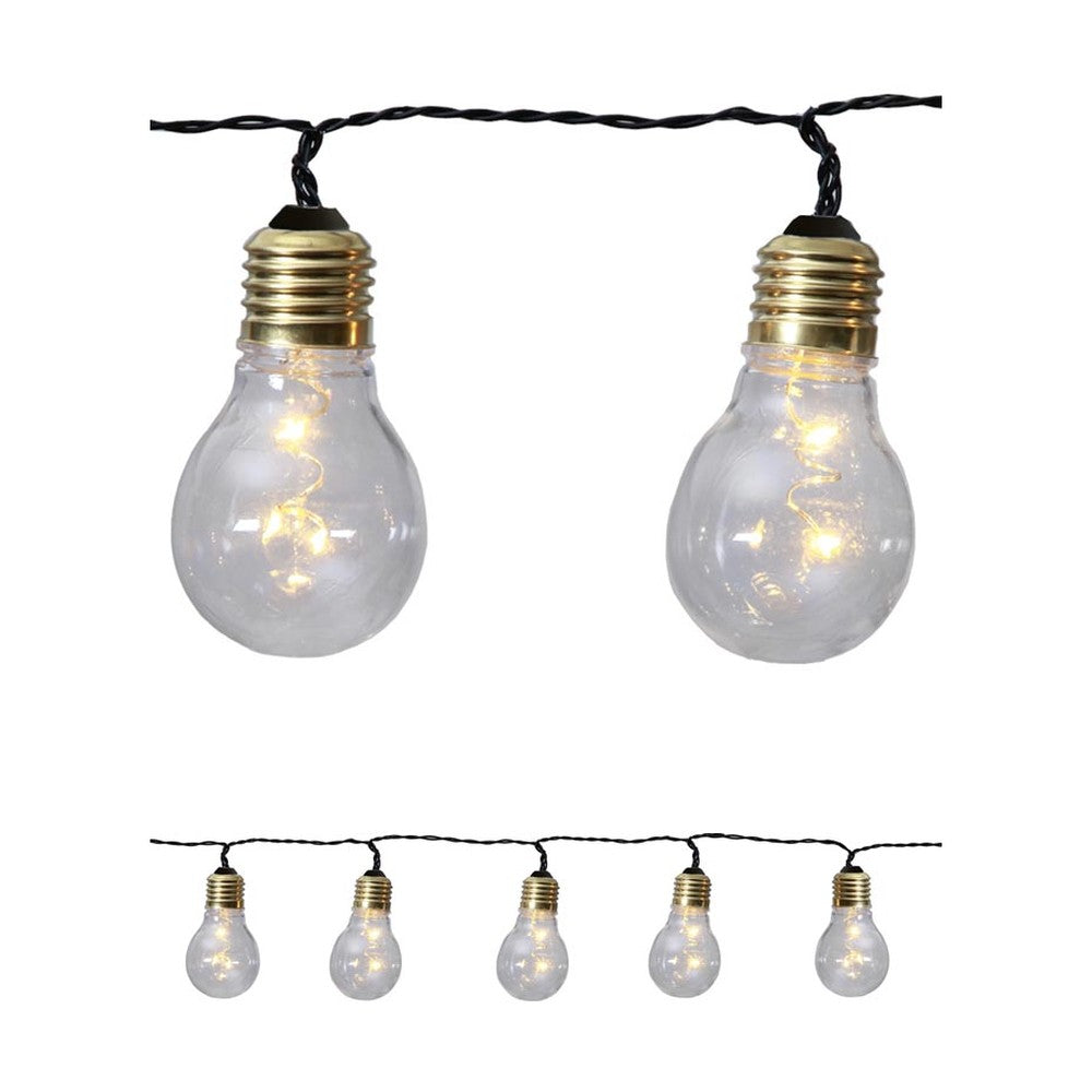 Elemmel működő kültéri dekorációs izzósor 5 db átlátszó üvegű izzóval.