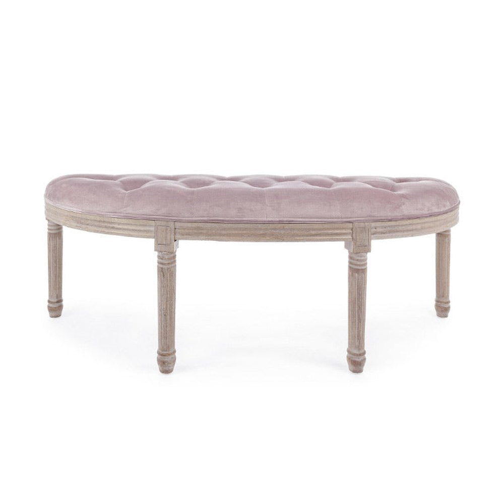 Koloniál stílusú, nyírfából és kaucsukfából készült, bézs színű, bársonyhatású textíliával kárpitozott kézműves ülőpad.