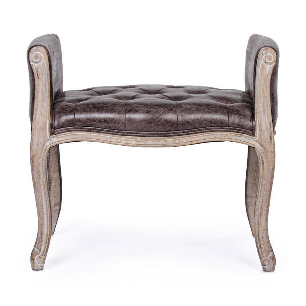 Koloniál stílusú, kaucsukfából készült, fekete műbőrrel kárpitozott ülőpad karfával.