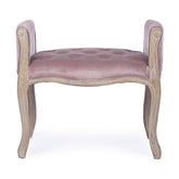 Koloniál stílusú, kaucsukfából készült, mályva színű textillel kárpitozott ülőpad karfával.