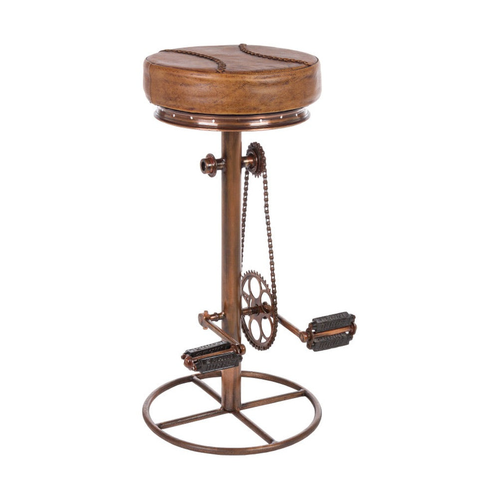Ipari stílusú, bronz színű, fémből készült pedálos bárszék bőr ülőfelülettel.