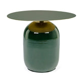 Kortárs stílusú, zománcozott acélból készült, sötétzöld-arany színű kisasztal.