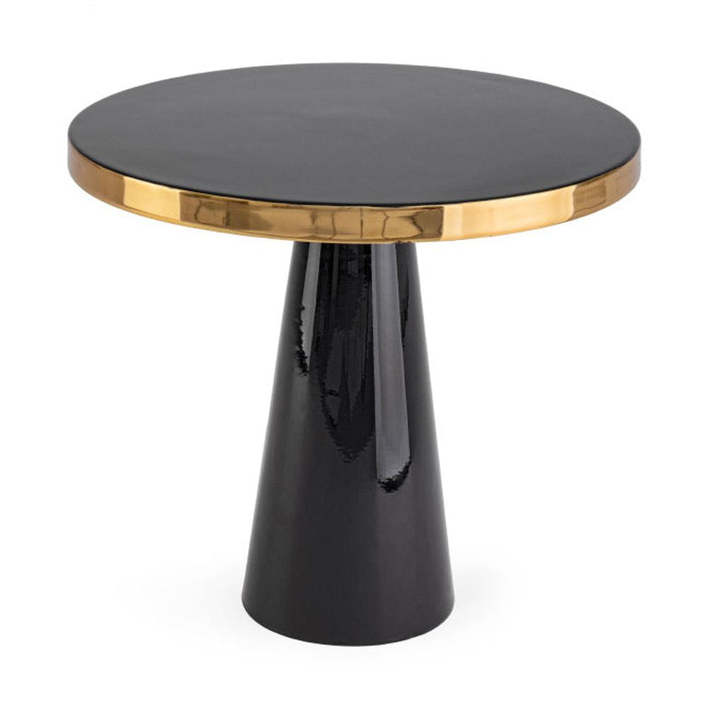 Glamour stílusú, zománcozott felületű fekete arany színű kerek kisasztal.