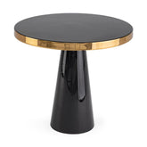 Glamour stílusú, zománcozott felületű fekete arany színű kerek kisasztal.