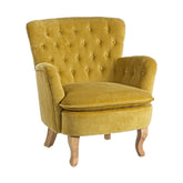 Vintage stílusú, mustársárga színű, bársonyhatású pamutszövettel kárpitozott fenyőfa fotel.