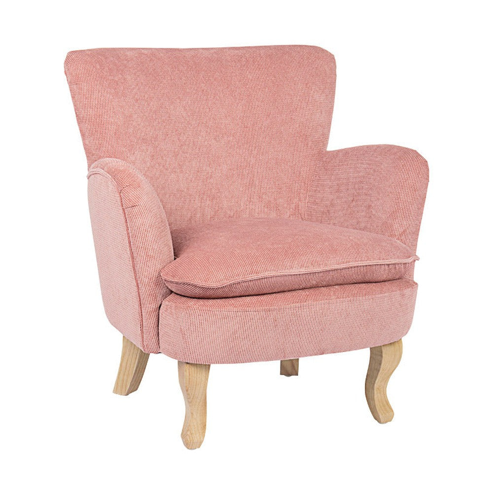 Retró stílusú, púderrózsaszín színű, kordbársony-hatású szövettel kárpitozott kaucsukfa fotel.