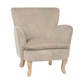 Retró stílusú, taupe színű, kordbársony-hatású szövettel kárpitozott kaucsukfa fotel.